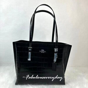 Coach Mollie Tote Bag In Crocodile-embossed Leather/Silver/Black CW018
